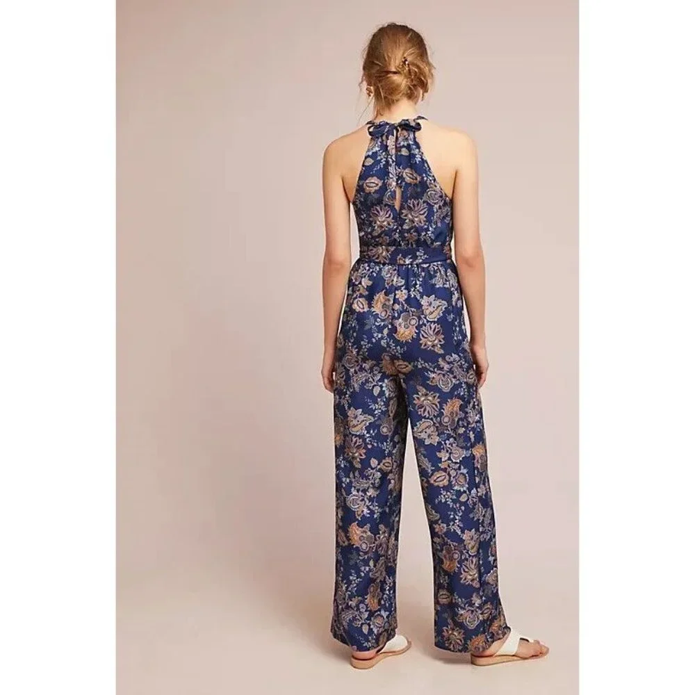 ett:twa Anthropologie Womens Paisley Jumpsuit S Navy Blue Floral Wide Leg - Picture 3 of 11